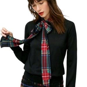 J Crew Black Merino Wool Crew Neck Sweater Plaid Tartan Scarf Tie Long Sleeve